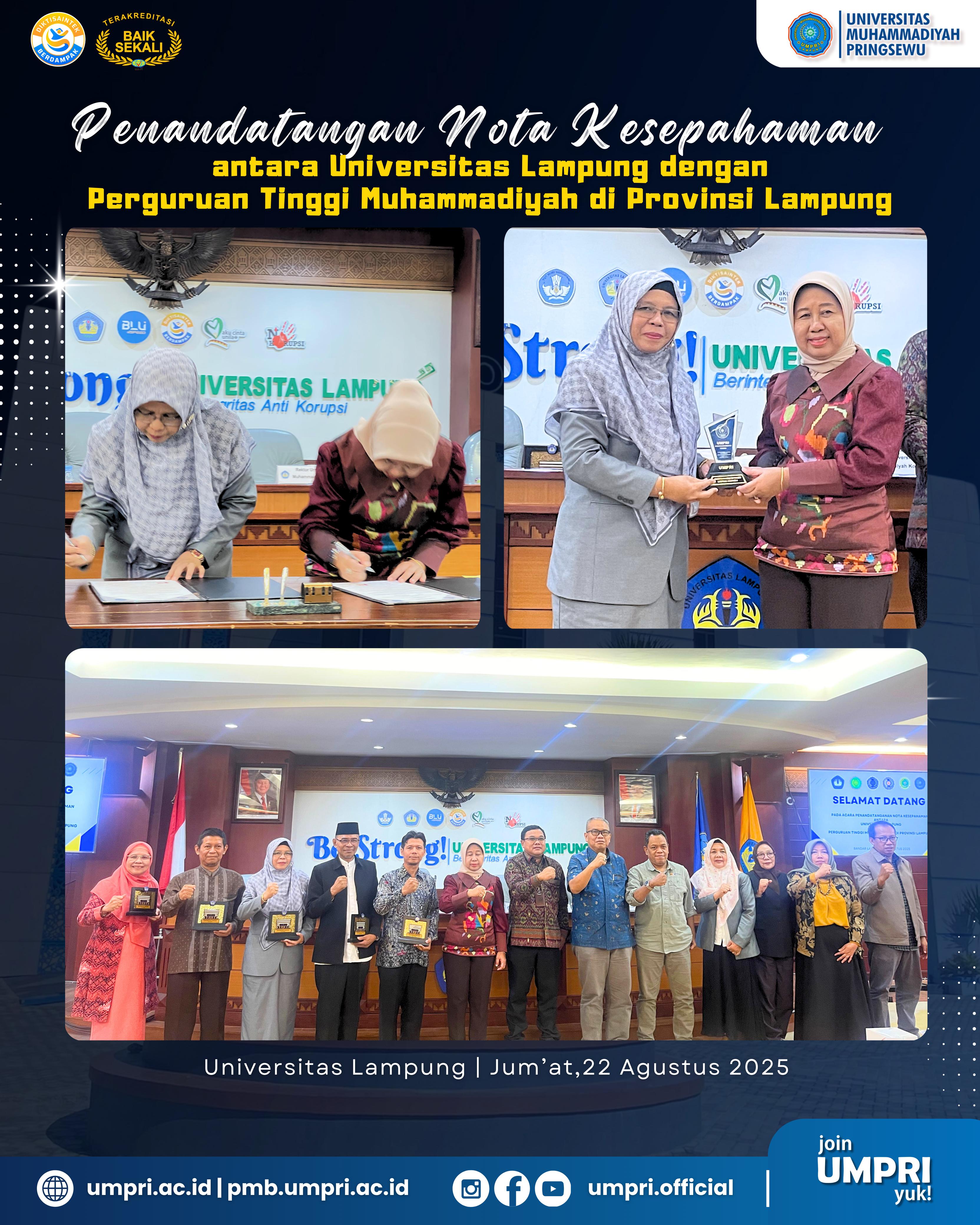 Rektor UMPRI Ns. Arena Lestari Tandatangani MoU dengan Unila untuk Penguatan Tridarma PT bersama Seluruh PTMA di Lampung